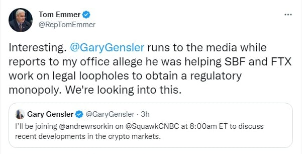 Tom Emmer tweet about SEC Gary Gensler