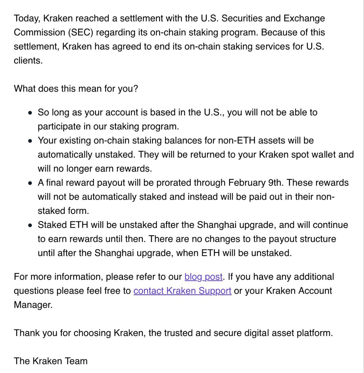 Kraken letter to clients about SEC settlement